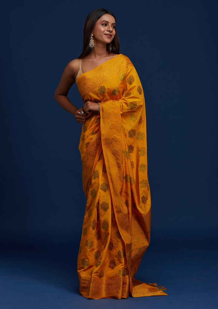 Yellow Zariwork Raw Silk Designer Saree - Koskii