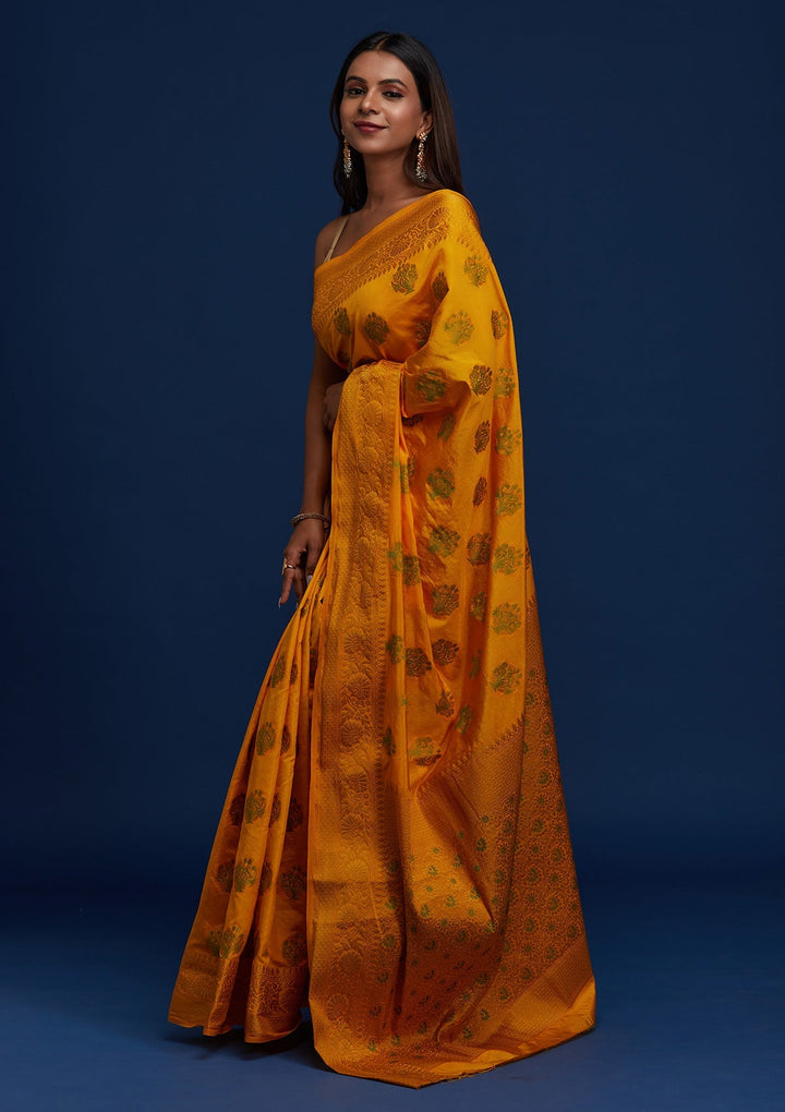 Yellow Zariwork Raw Silk Designer Saree - Koskii