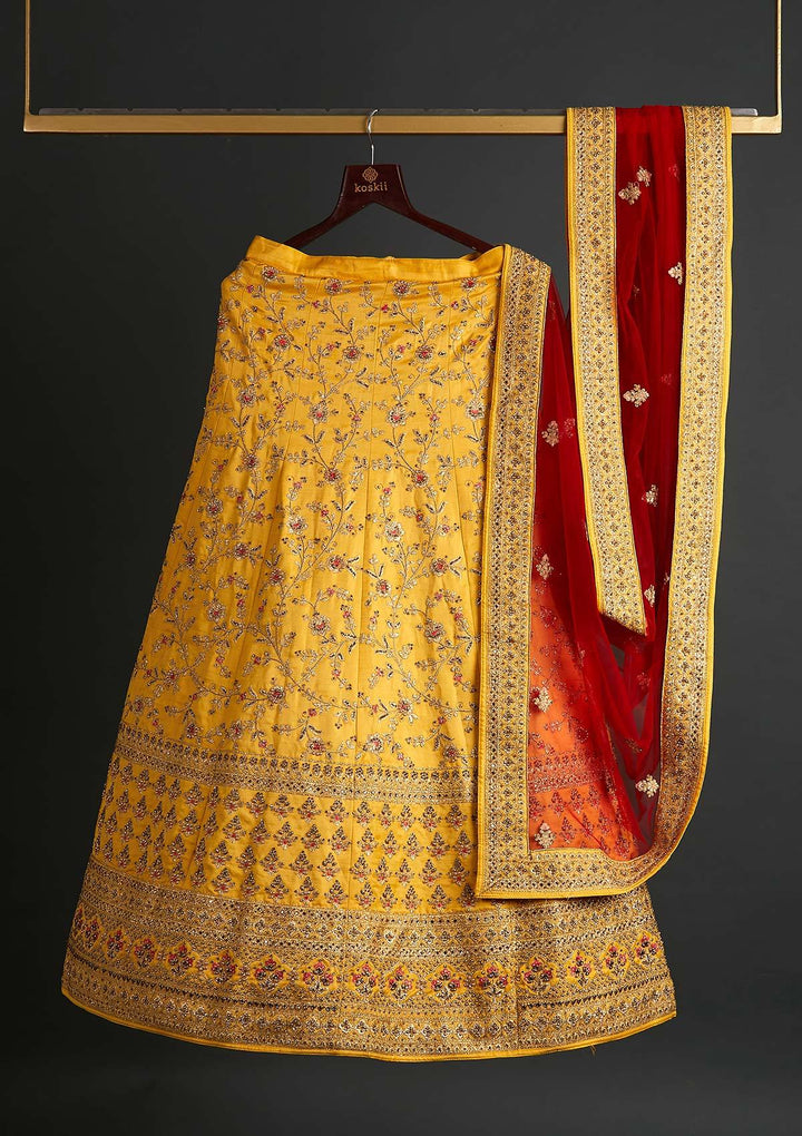 Yellow Zariwork Satin Designer Semi-Stitched Lehenga - koskii