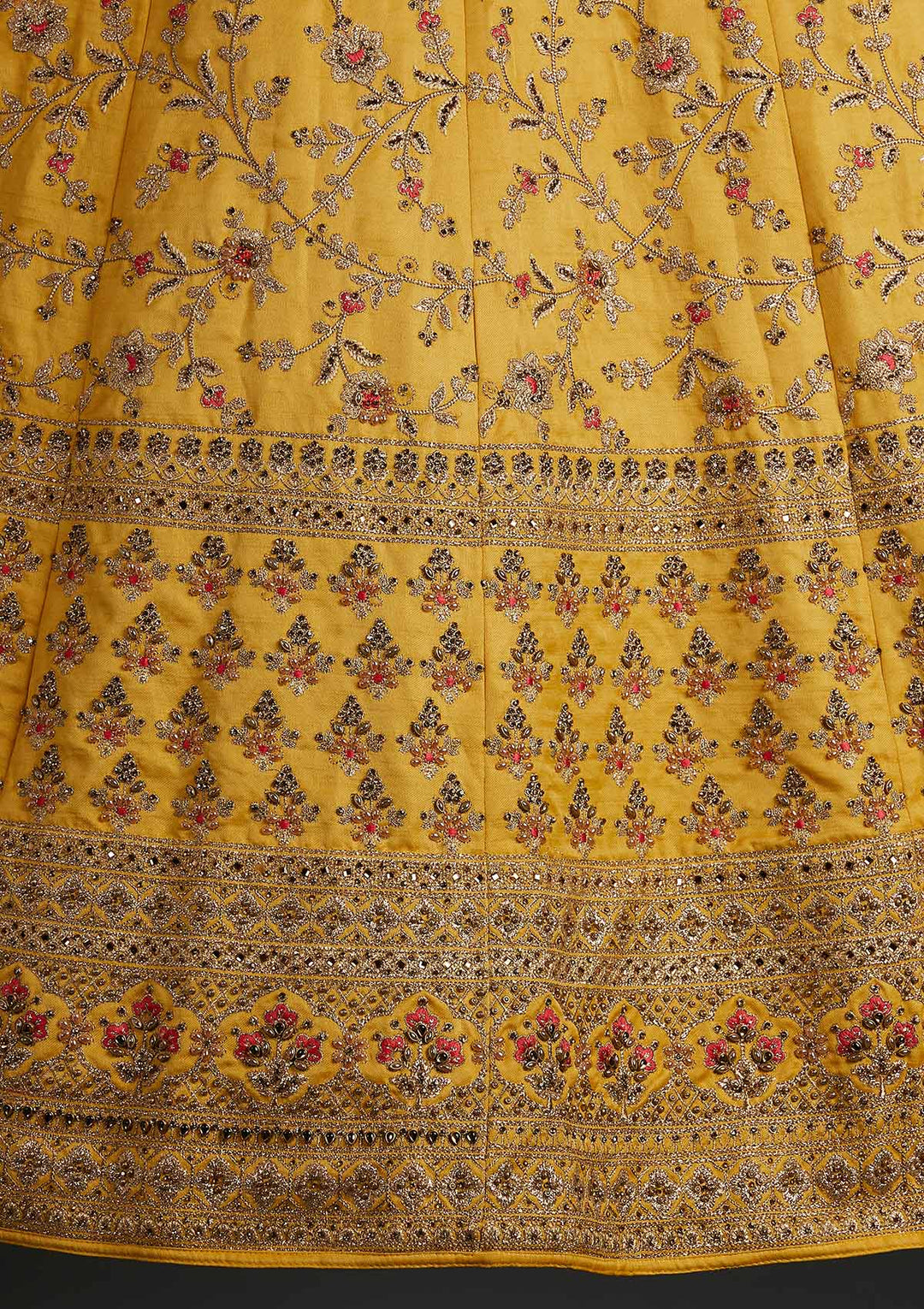 Yellow Zariwork Satin Designer Semi-Stitched Lehenga - koskii
