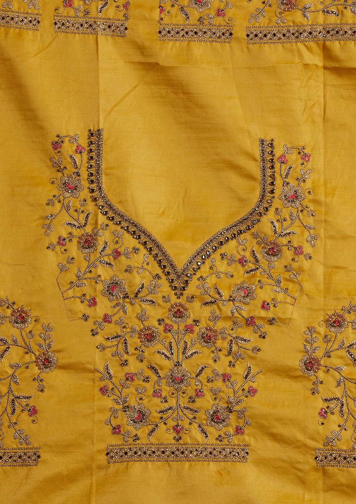 Yellow Zariwork Satin Designer Semi-Stitched Lehenga - koskii