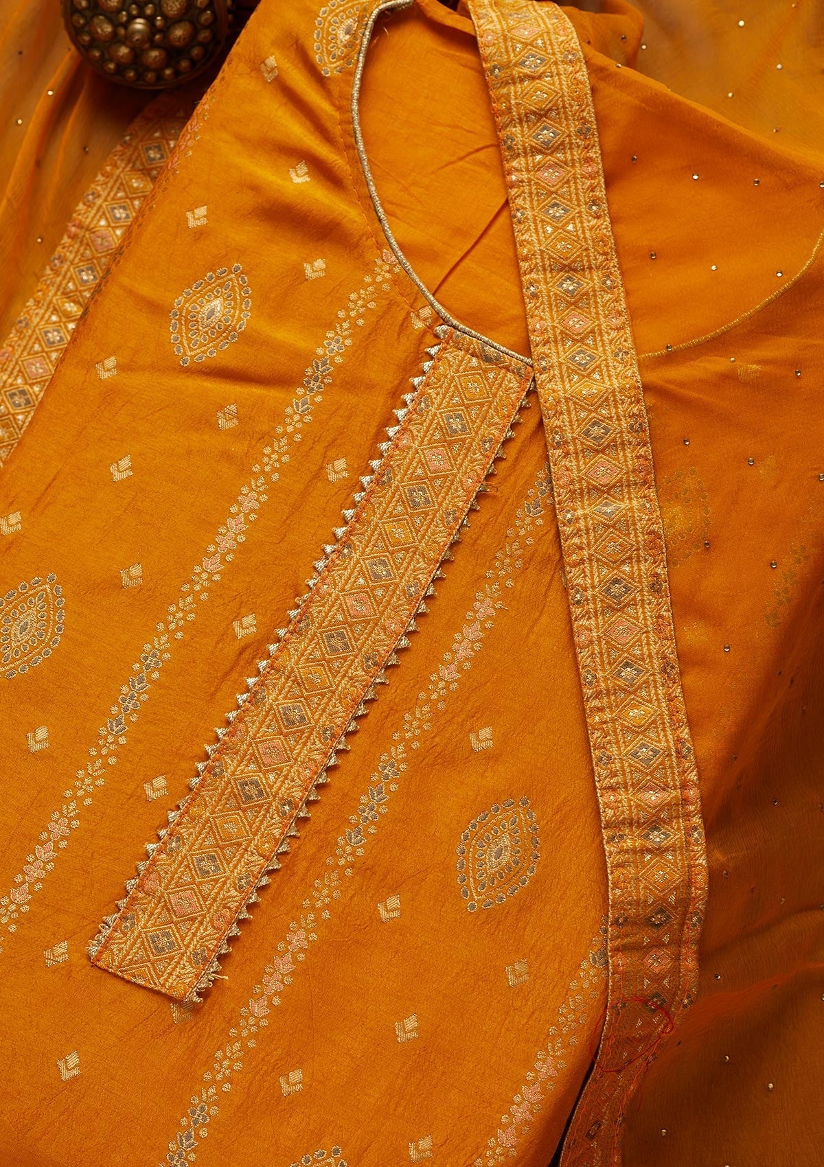 Yellow Zariwork Semi Crepe Semi-Stitched Salwar Suit-Koskii