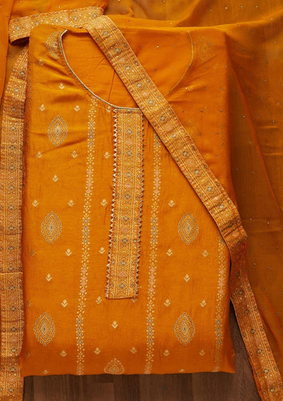 Yellow Zariwork Semi Crepe Semi-Stitched Salwar Suit-Koskii