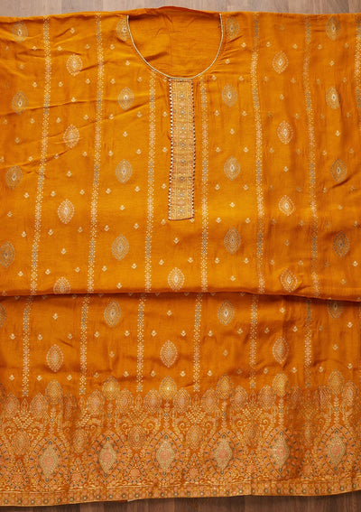 Yellow Zariwork Semi Crepe Semi-Stitched Salwar Suit-Koskii