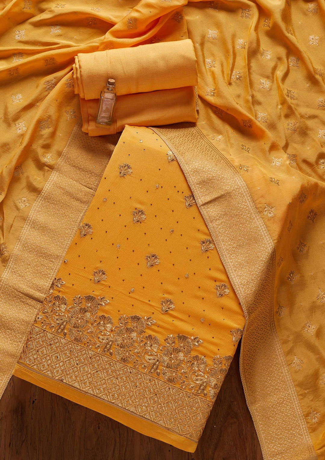 Yellow Zariwork Semi Crepe Designer Unstitched Salwar Suit - koskii