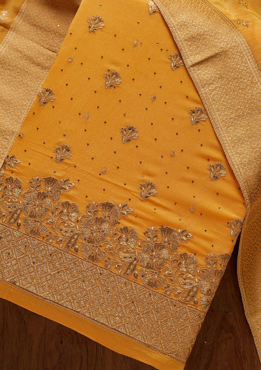 Yellow Zariwork Semi Crepe Designer Unstitched Salwar Suit - koskii