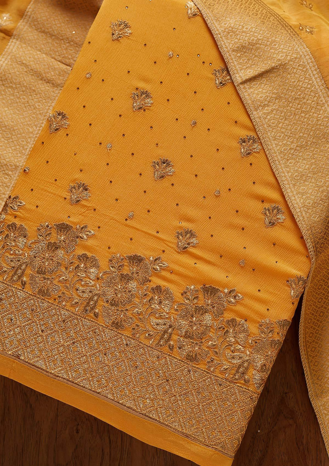 Yellow Zariwork Semi Crepe Designer Unstitched Salwar Suit - koskii