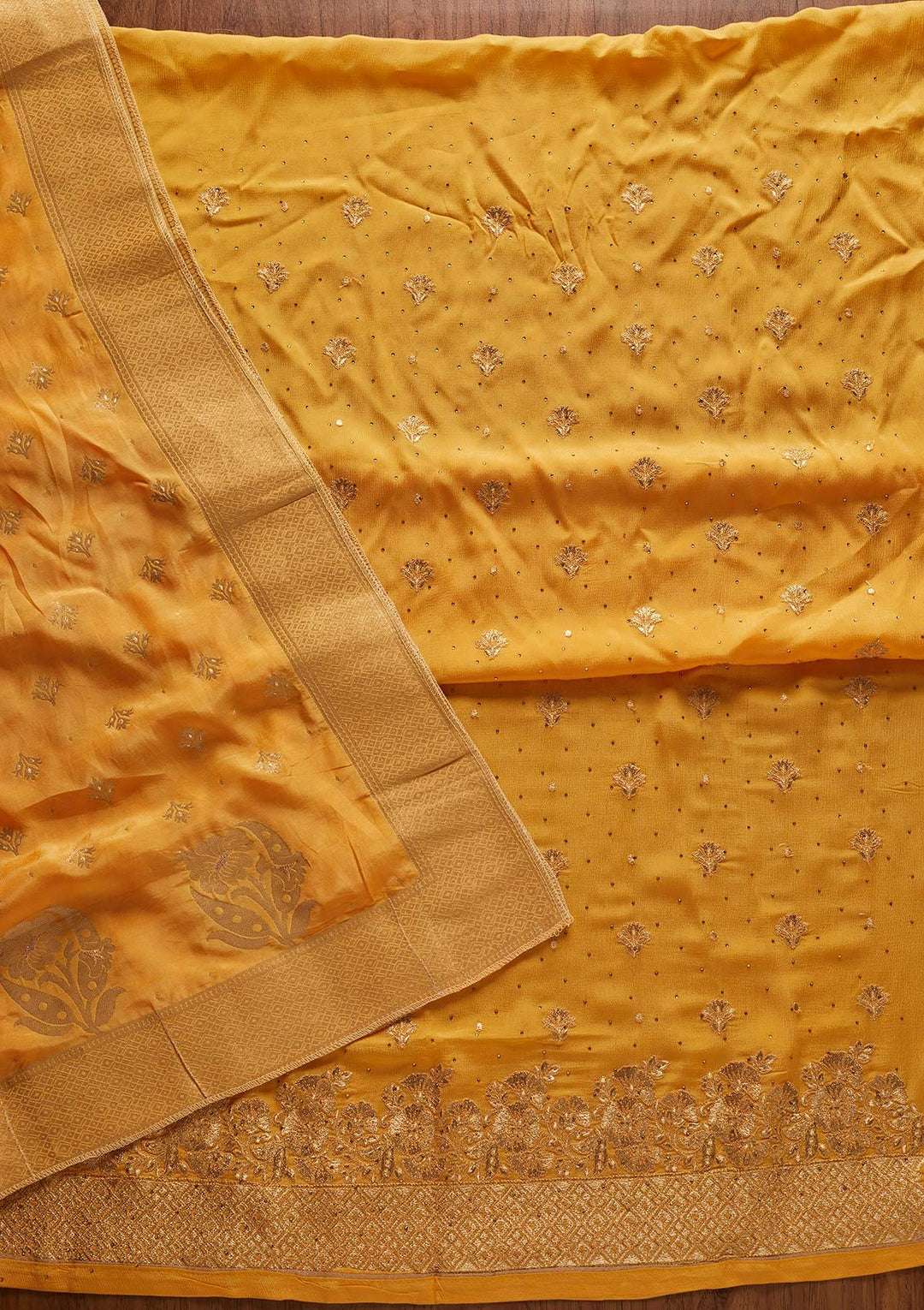 Yellow Zariwork Semi Crepe Designer Unstitched Salwar Suit - koskii