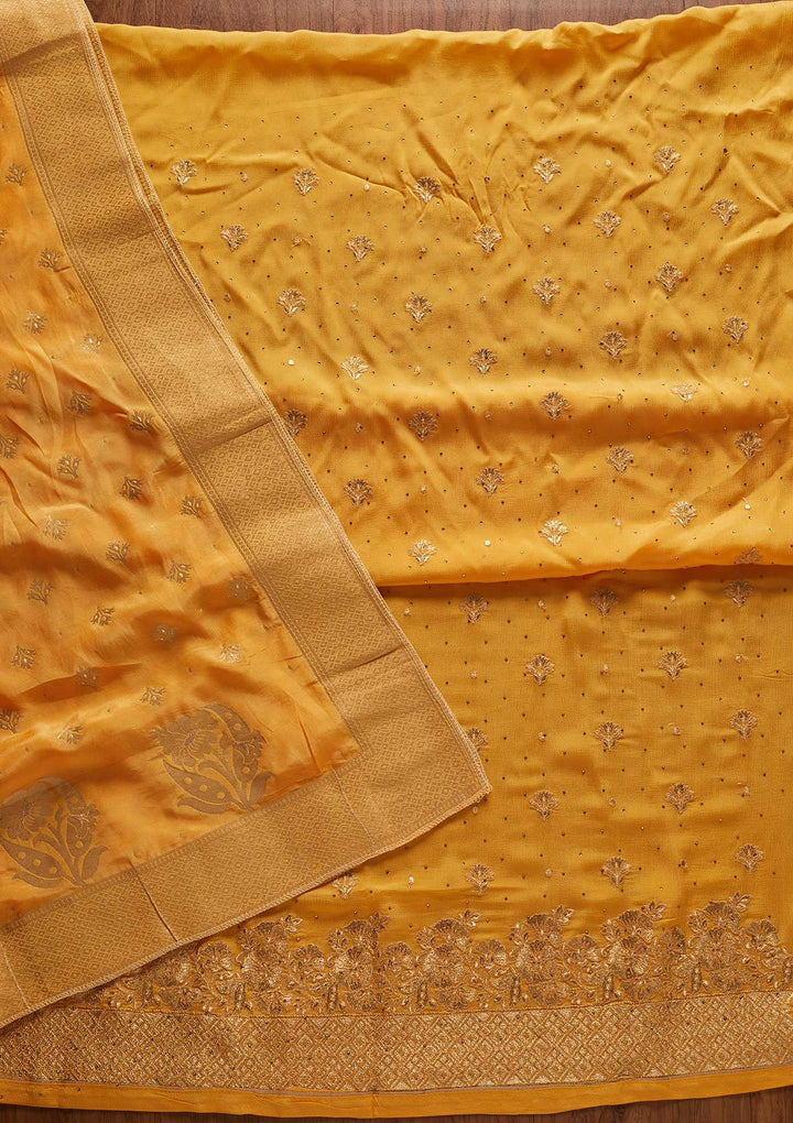 Yellow Zariwork Semi Crepe Designer Unstitched Salwar Suit - koskii