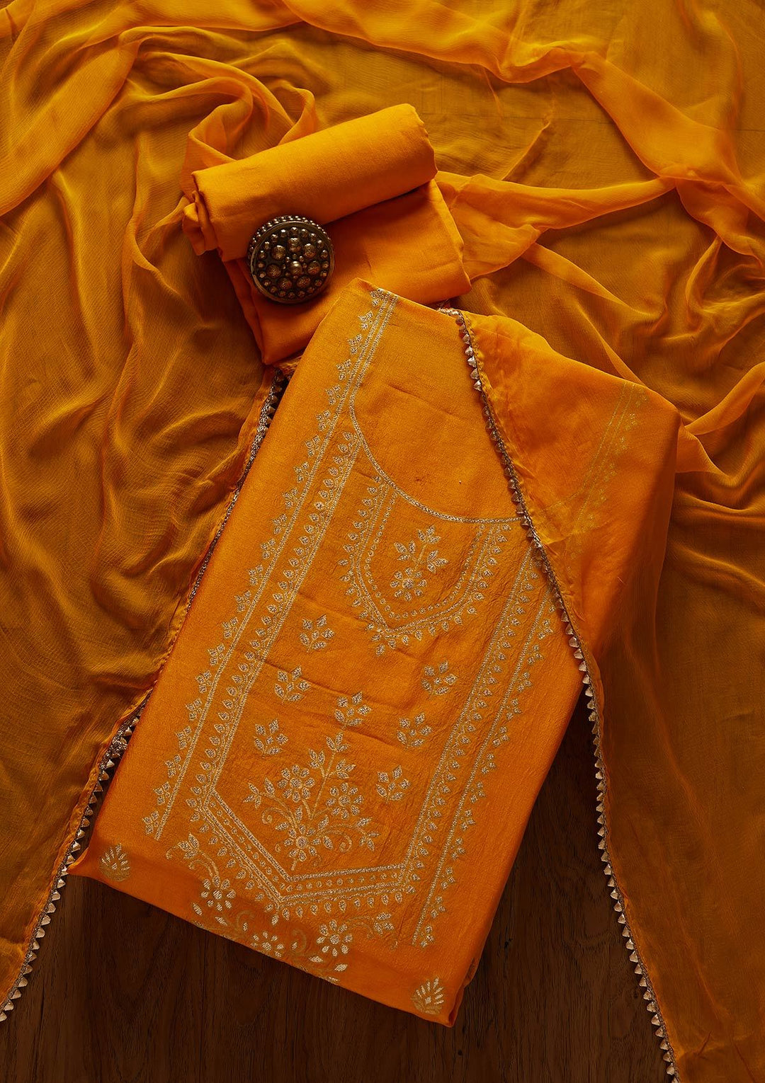 Yellow Zariwork Semi Crepe Designer Unstitched Salwar Suit - koskii