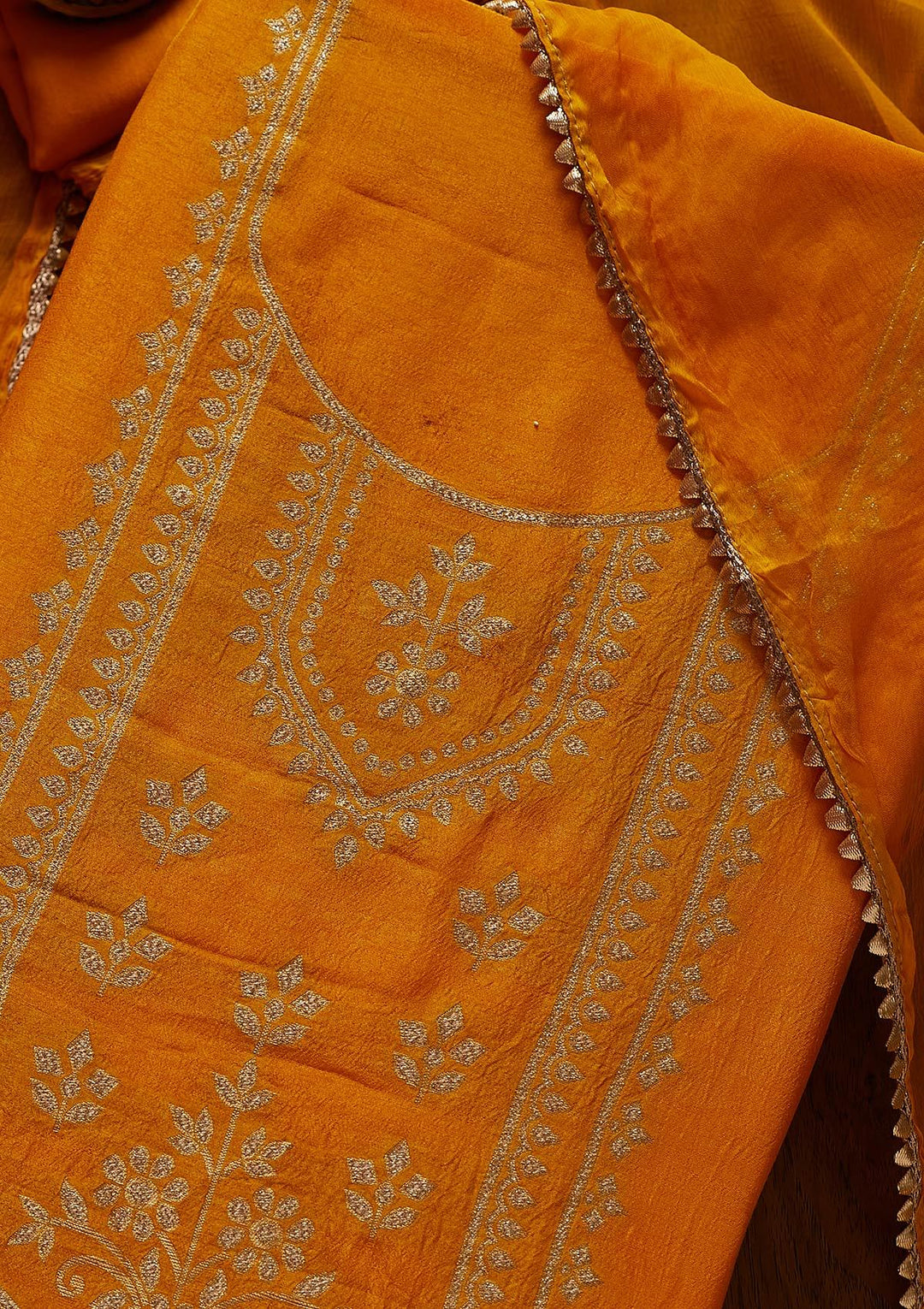 Yellow Zariwork Semi Crepe Designer Unstitched Salwar Suit - koskii