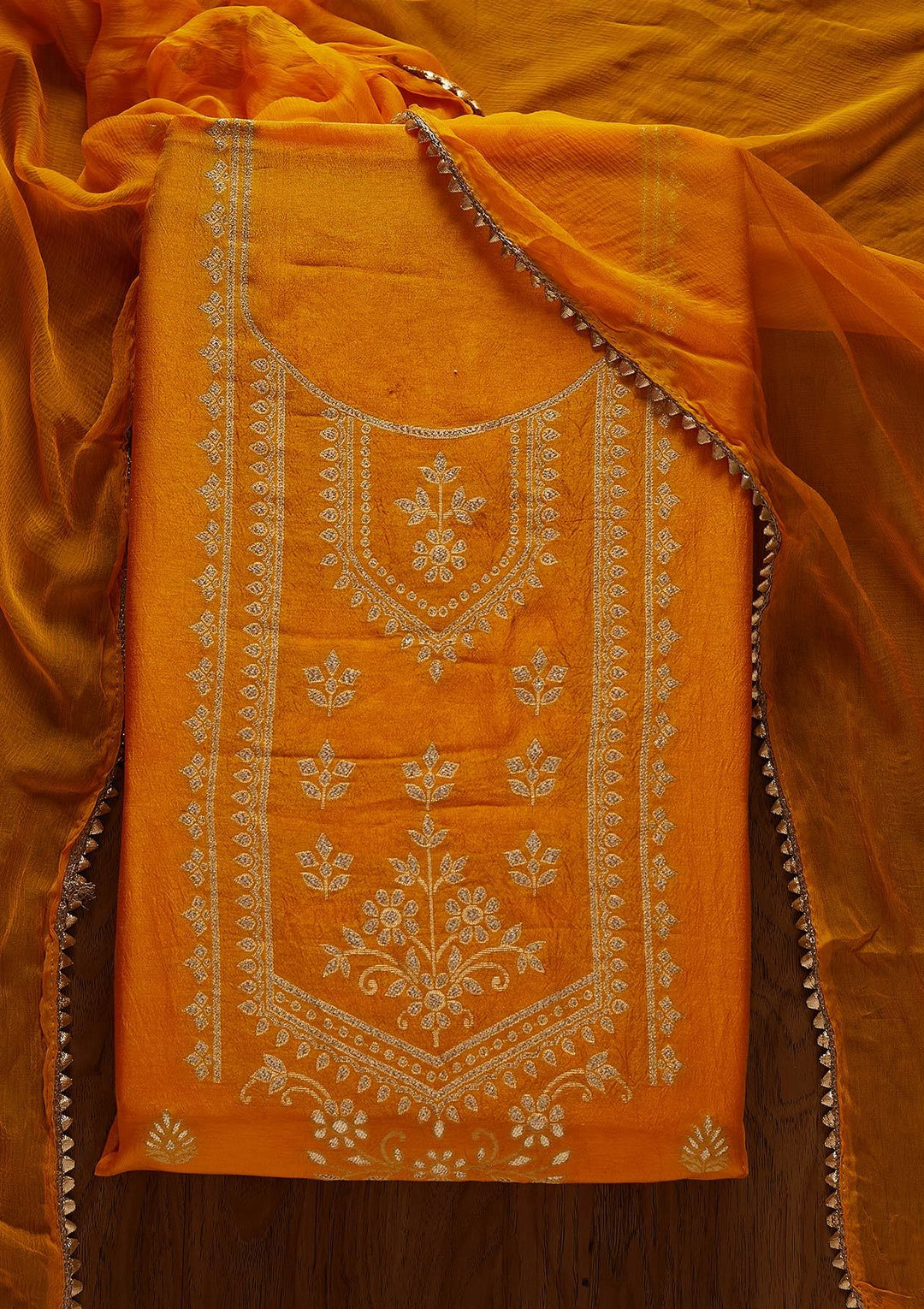 Yellow Zariwork Semi Crepe Designer Unstitched Salwar Suit - koskii