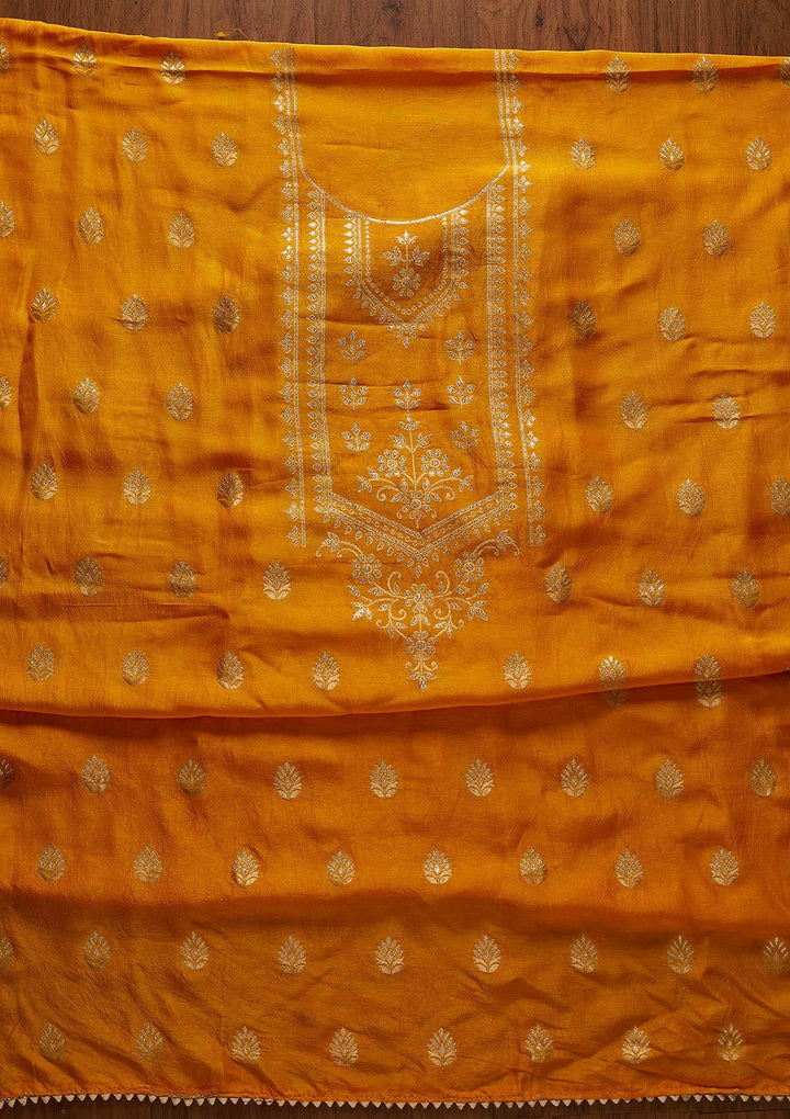 Yellow Zariwork Semi Crepe Designer Unstitched Salwar Suit - koskii