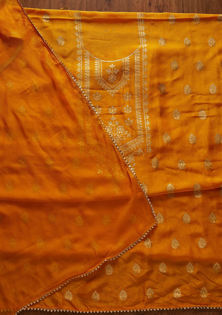 Yellow Zariwork Semi Crepe Designer Unstitched Salwar Suit - koskii
