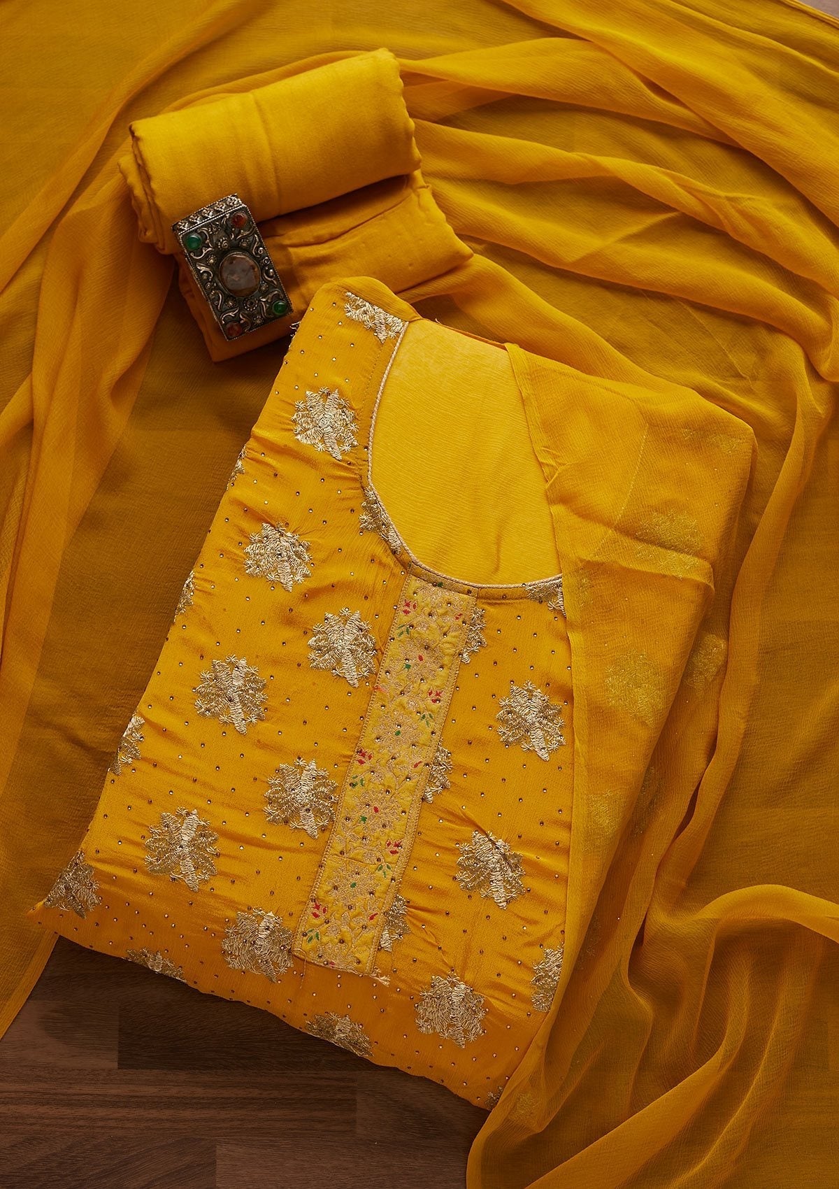 Yellow Zariwork Semi Crepe Designer Unstitched Salwar Suit - Koskii