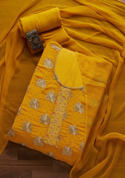 Yellow Zariwork Semi Crepe Designer Unstitched Salwar Suit - Koskii