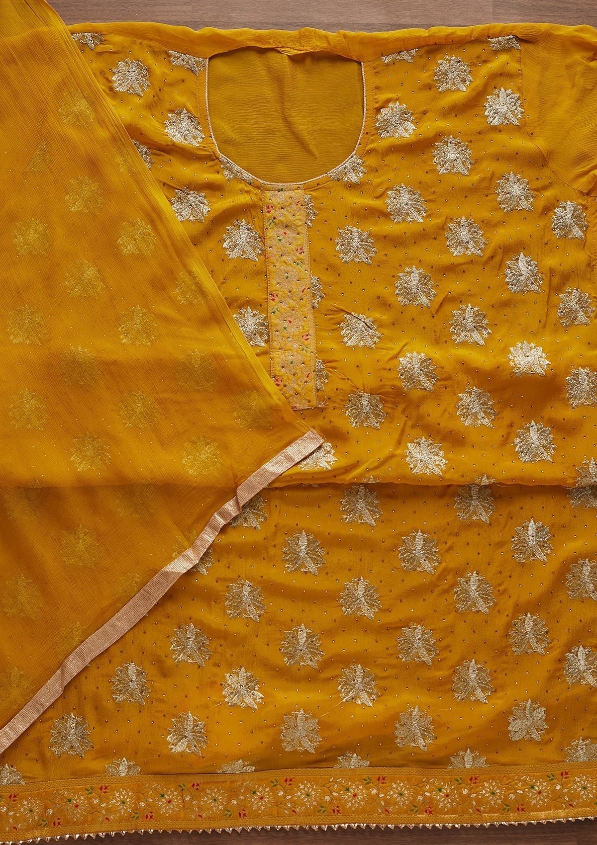 Yellow Zariwork Semi Crepe Designer Unstitched Salwar Suit - Koskii