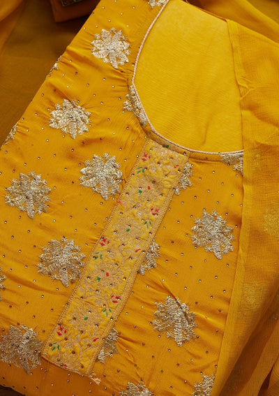 Yellow Zariwork Semi Crepe Designer Unstitched Salwar Suit - Koskii