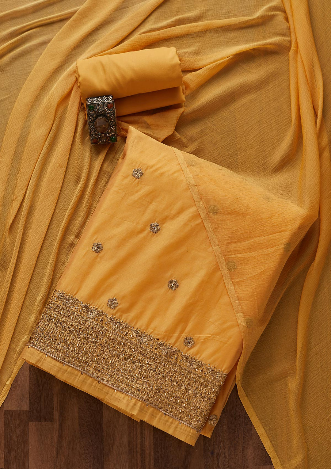 Yellow Zariwork Semi Crepe Designer Unstitched Salwar Suit - Koskii