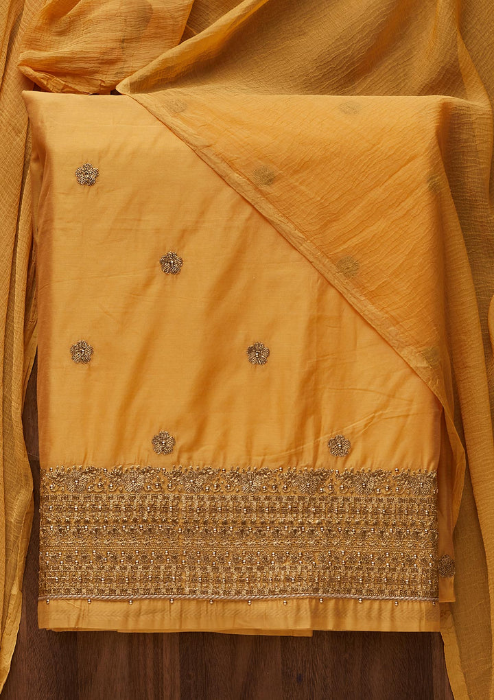 Yellow Zariwork Semi Crepe Designer Unstitched Salwar Suit - Koskii