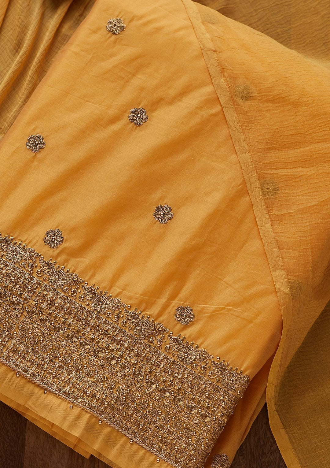 Yellow Zariwork Semi Crepe Designer Unstitched Salwar Suit - Koskii