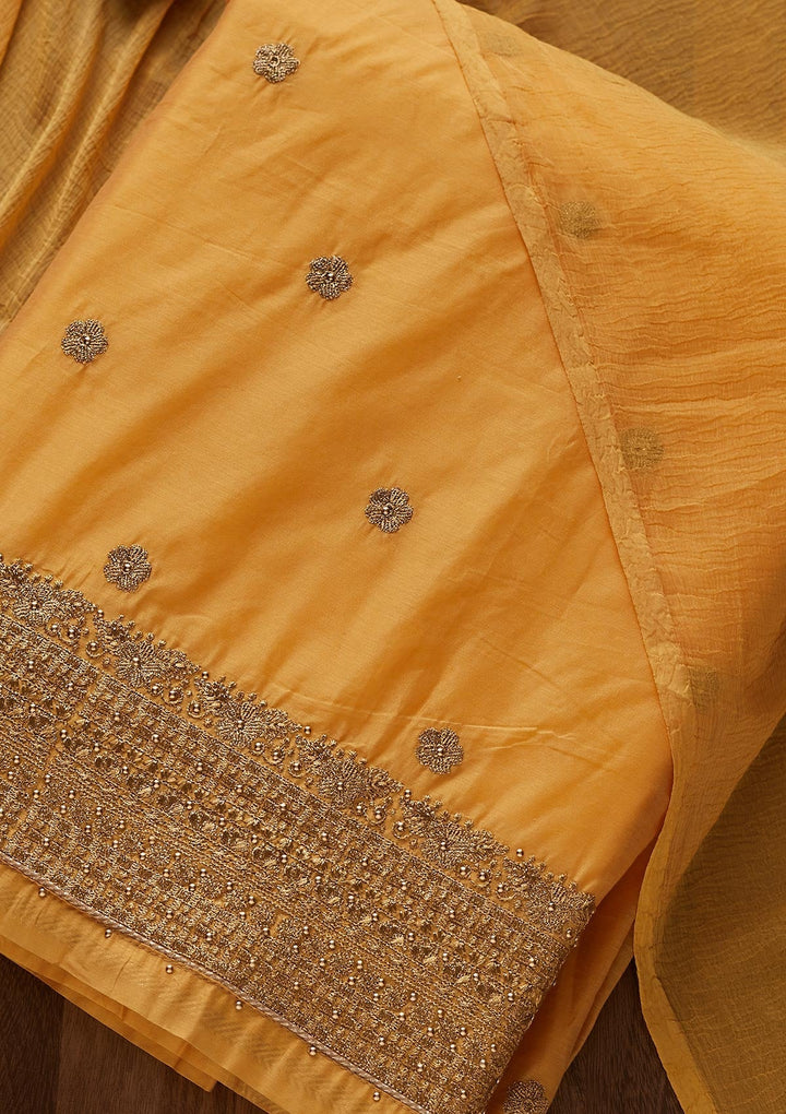 Yellow Zariwork Semi Crepe Designer Unstitched Salwar Suit - Koskii