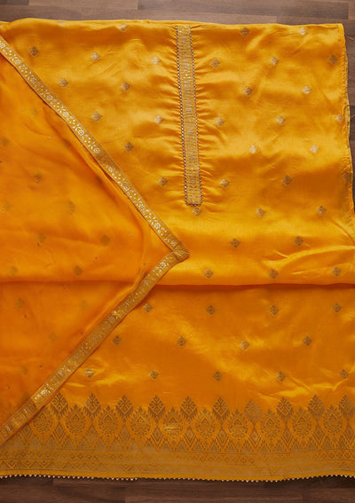 Yellow Zariwork Semi Crepe Designer Unstitched Salwar Suit - Koskii