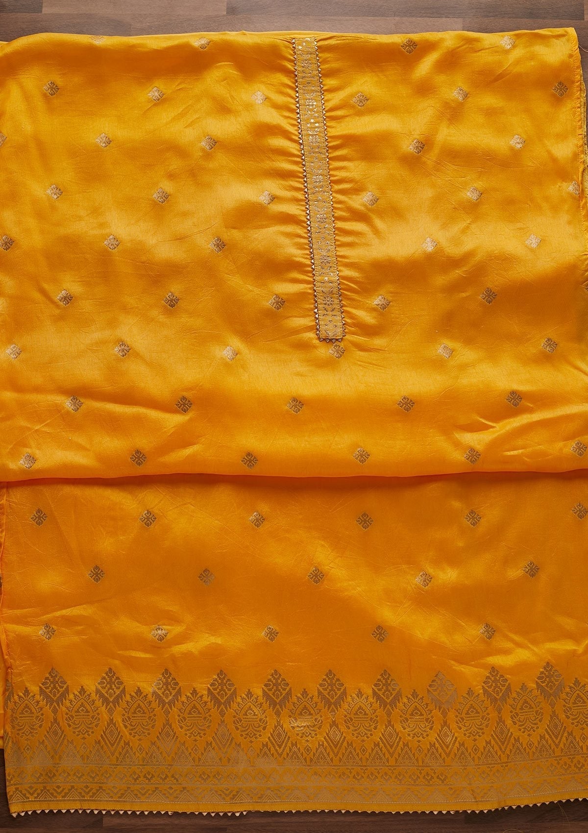 Yellow Zariwork Semi Crepe Designer Unstitched Salwar Suit - Koskii