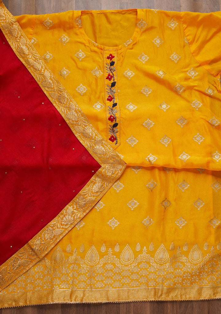 Yellow Zariwork Semi Crepe Unstitched Salwar Suit - Koskii
