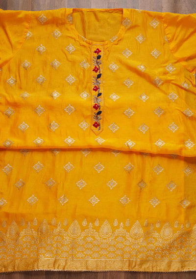 Yellow Zariwork Semi Crepe Unstitched Salwar Suit - Koskii