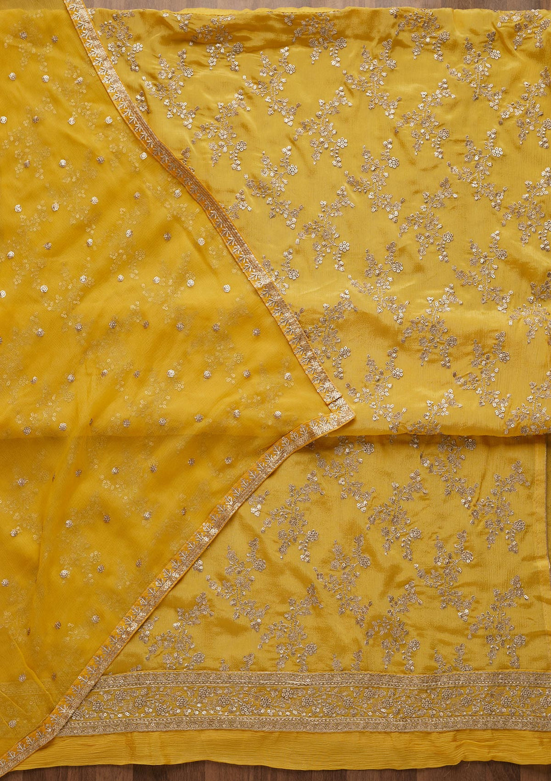 Yellow Zariwork Semi Crepe Unstitched Salwar Suit-Koskii