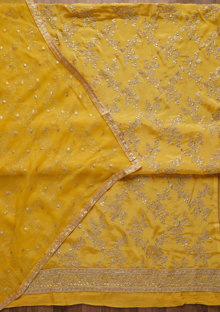 Yellow Zariwork Semi Crepe Unstitched Salwar Suit-Koskii