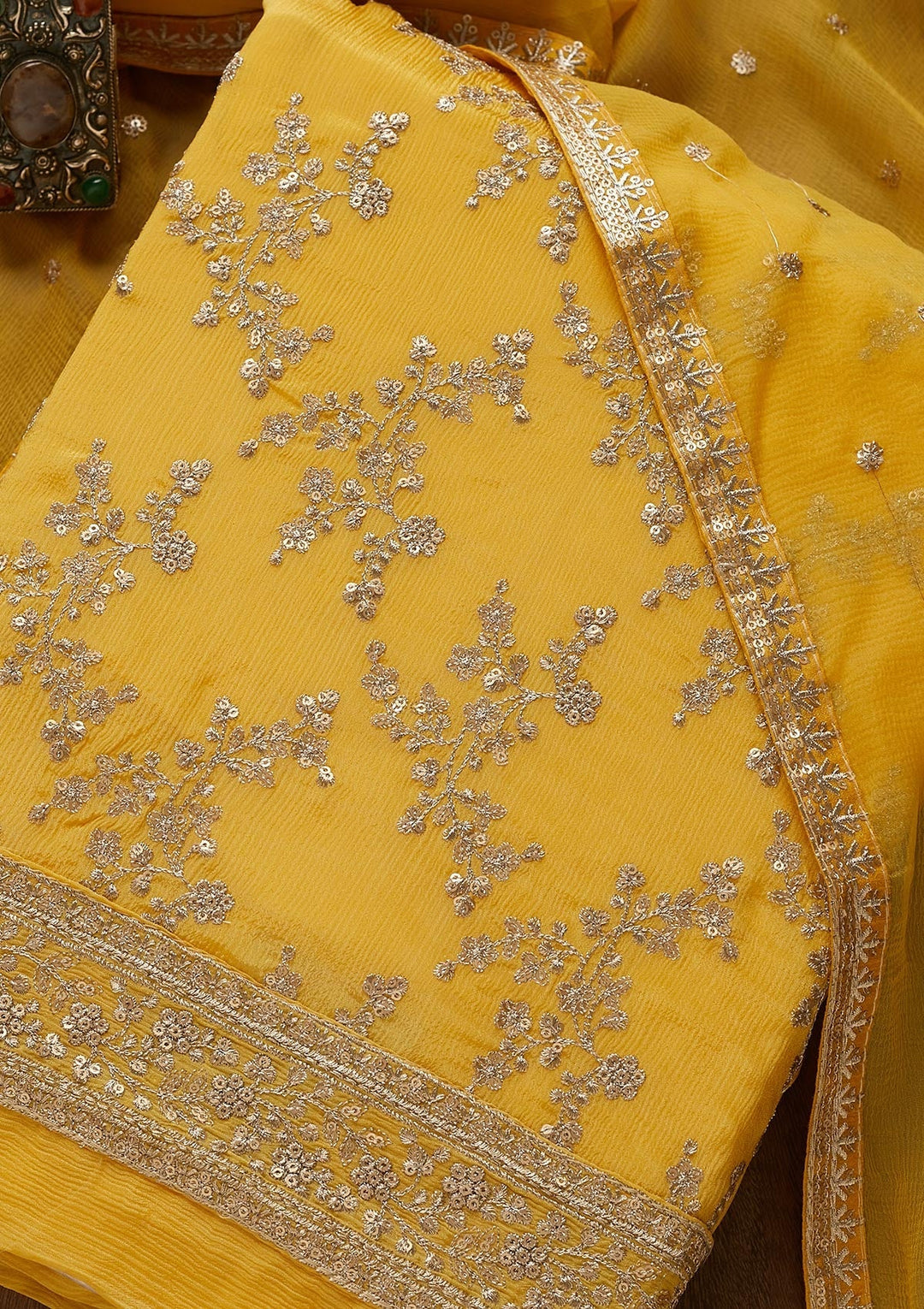 Yellow Zariwork Semi Crepe Unstitched Salwar Suit-Koskii