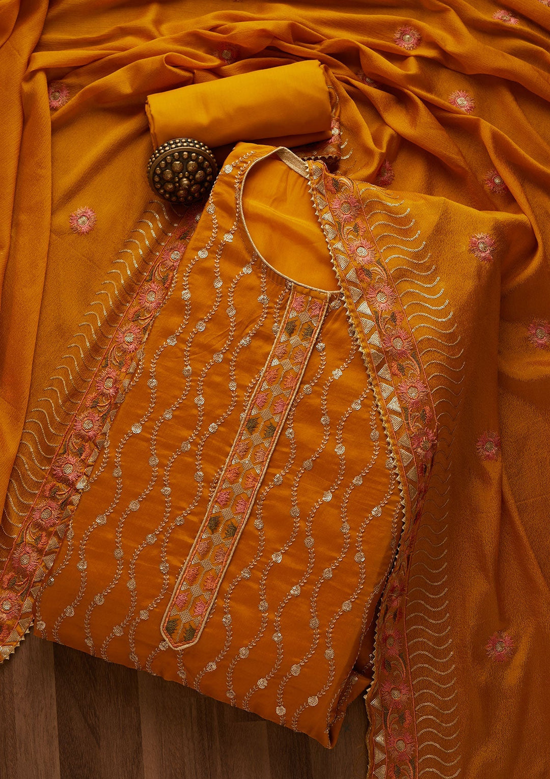 Yellow Zariwork Semi Crepe Unstitched Salwar Suit-Koskii