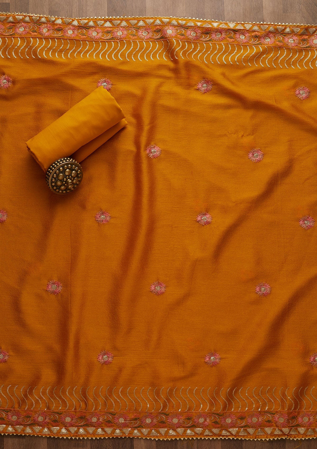 Yellow Zariwork Semi Crepe Unstitched Salwar Suit-Koskii
