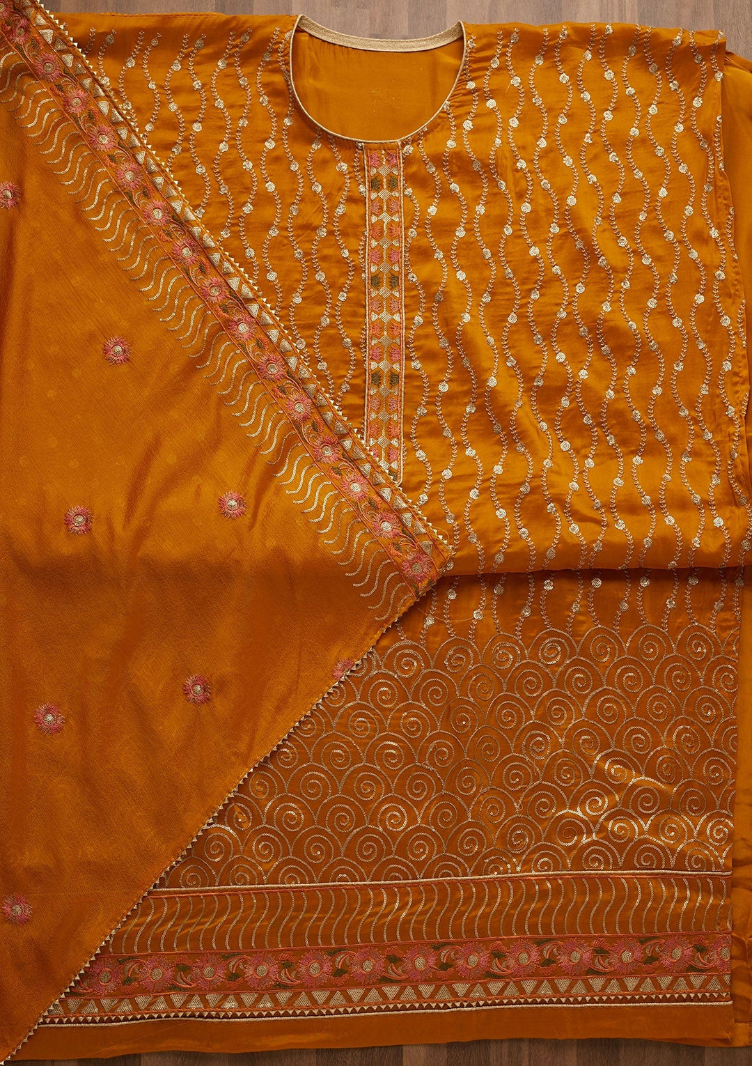 Yellow Zariwork Semi Crepe Unstitched Salwar Suit-Koskii