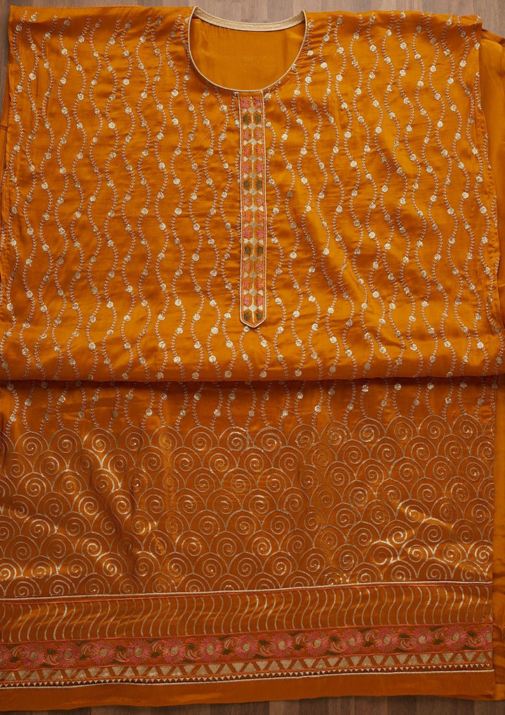 Yellow Zariwork Semi Crepe Unstitched Salwar Suit-Koskii