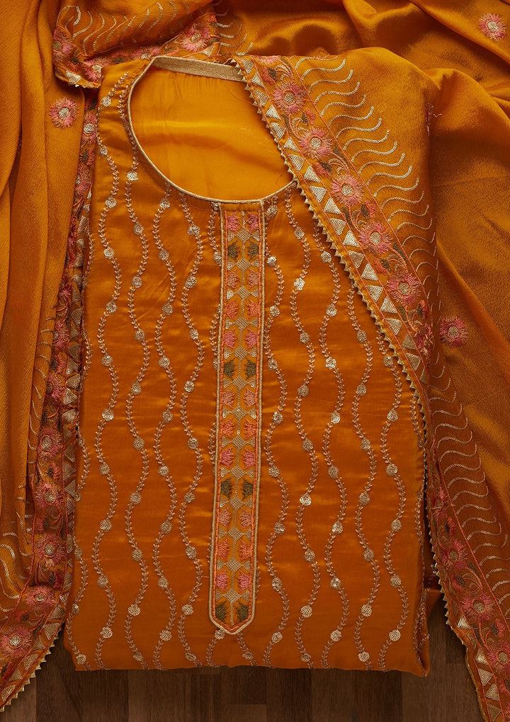 Yellow Zariwork Semi Crepe Unstitched Salwar Suit-Koskii