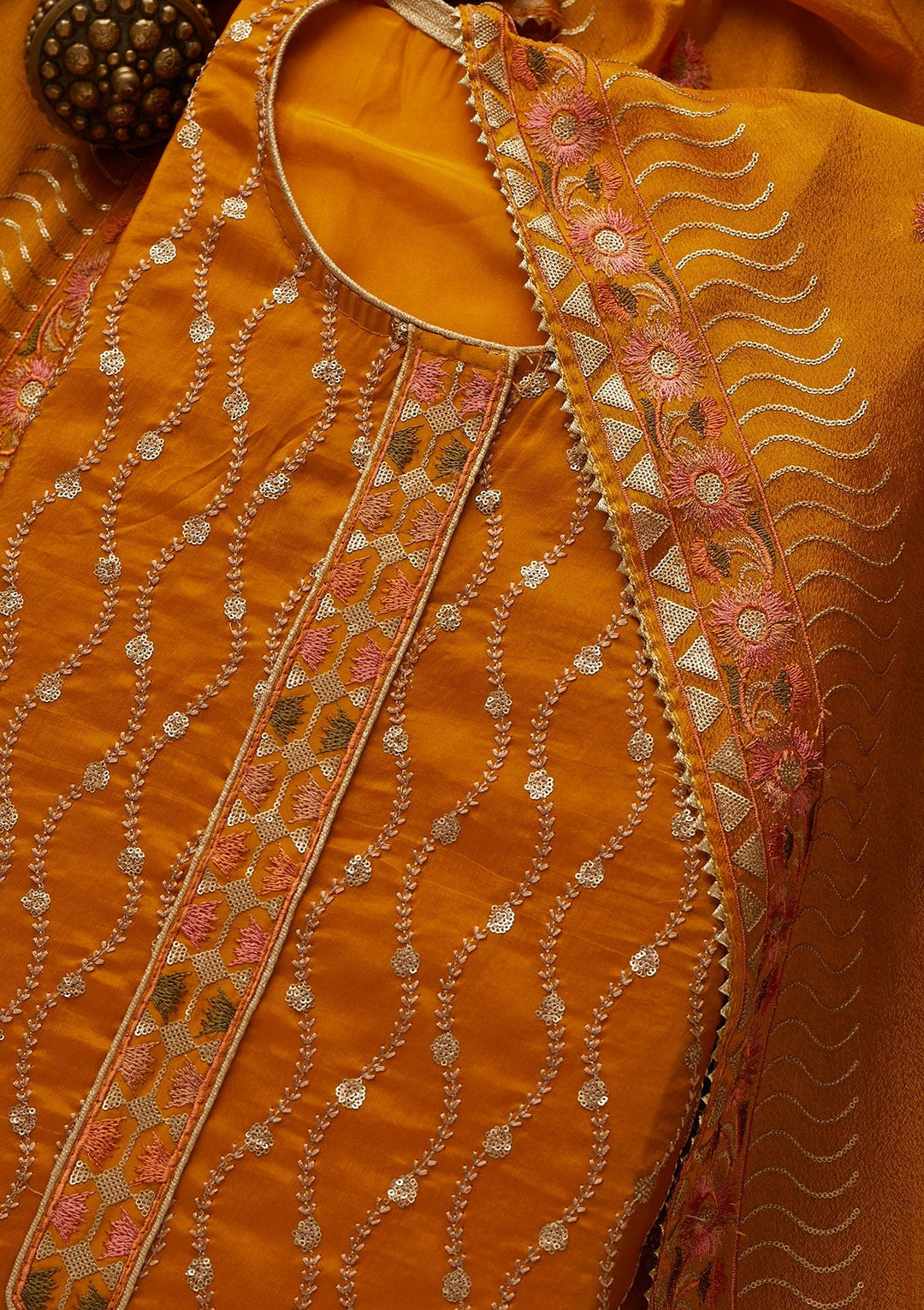 Yellow Zariwork Semi Crepe Unstitched Salwar Suit-Koskii