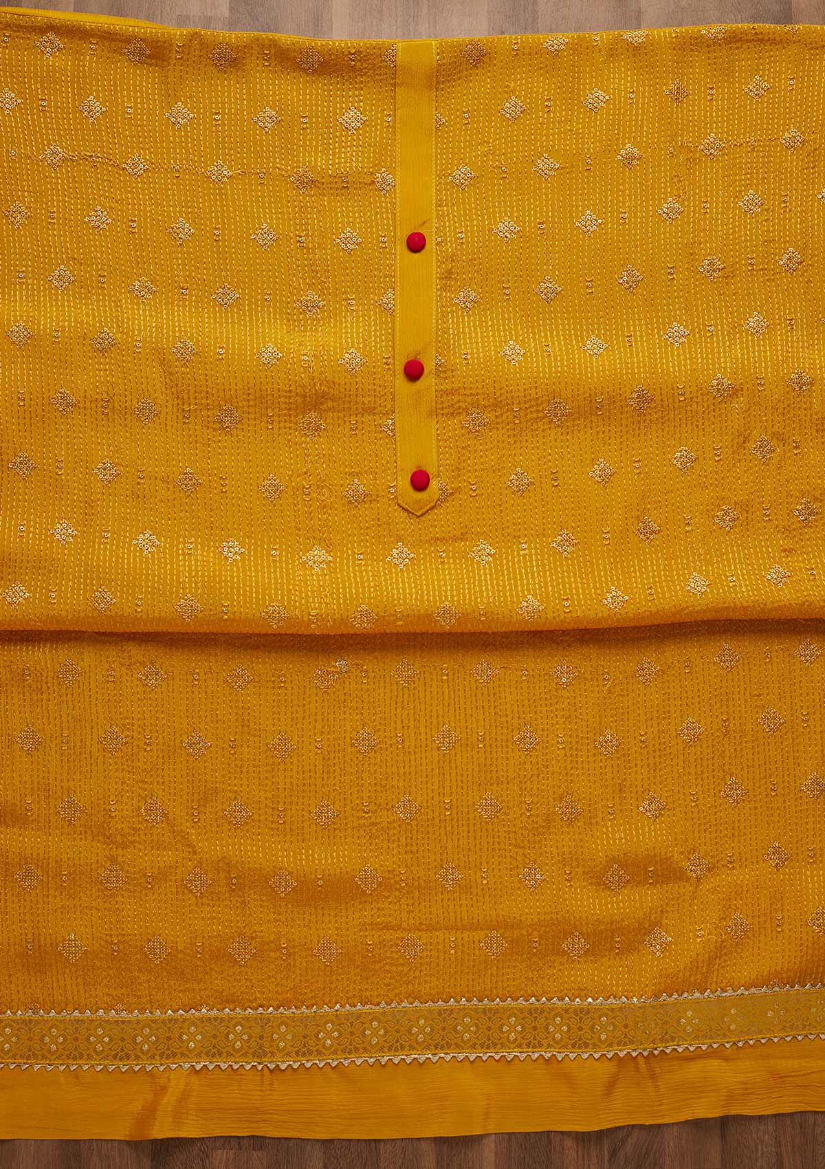 Yellow Zariwork Semi Crepe Unstitched Salwar Suit-Koskii