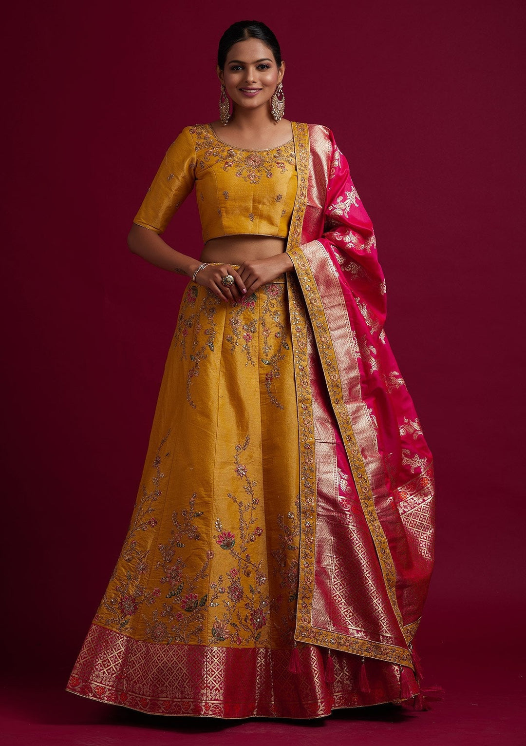 Yellow Zariwork Shimmer Designer Semi-Stitched Lehenga - koskii