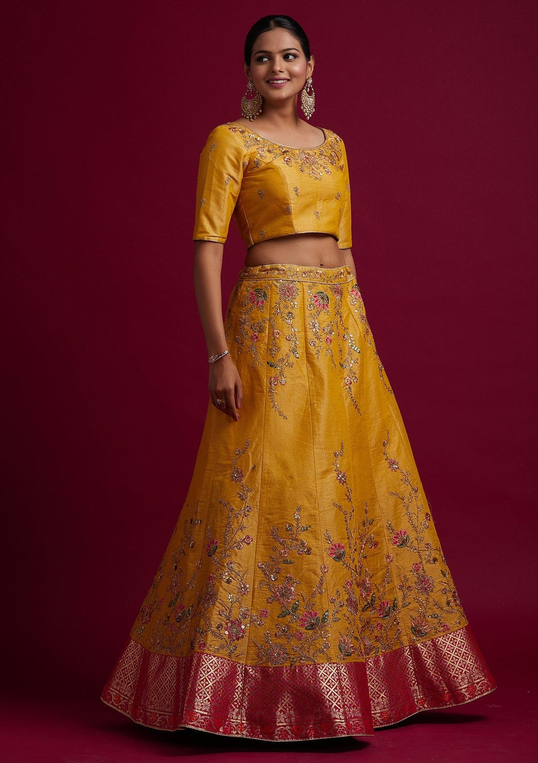 Yellow Zariwork Shimmer Designer Semi-Stitched Lehenga - koskii