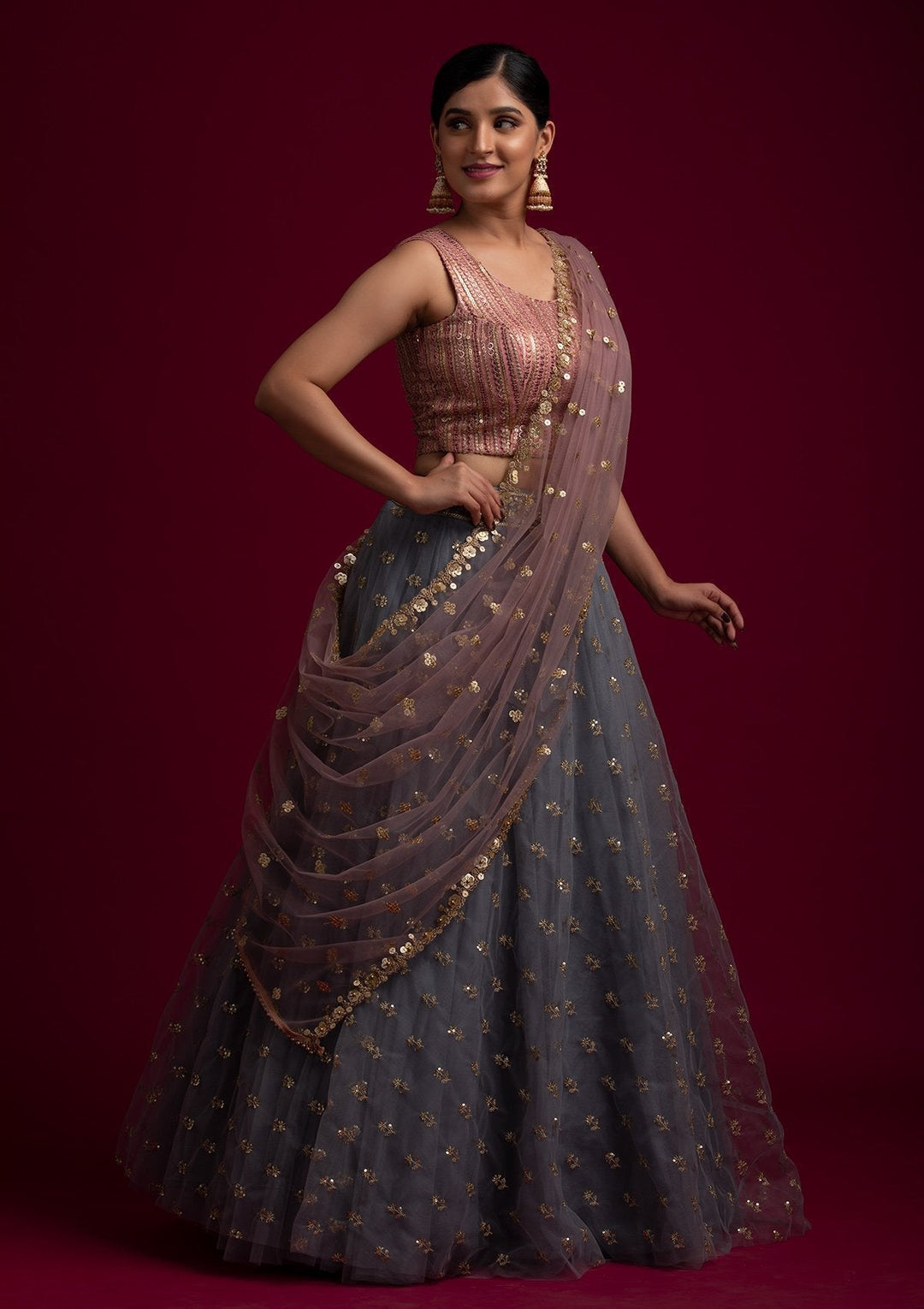 Lavender Sequins Net Designer Dupatta - koskii
