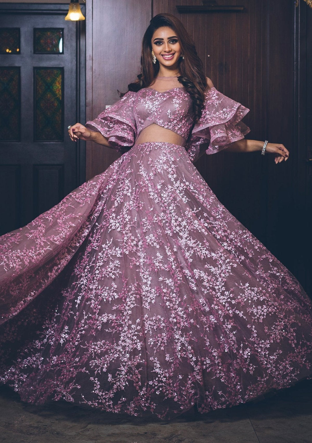 Lavender Sequins Net Designer Gown - koskii