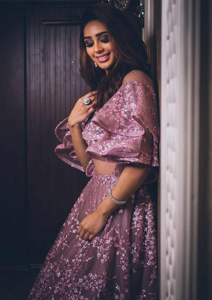 Lavender Sequins Net Designer Gown - koskii