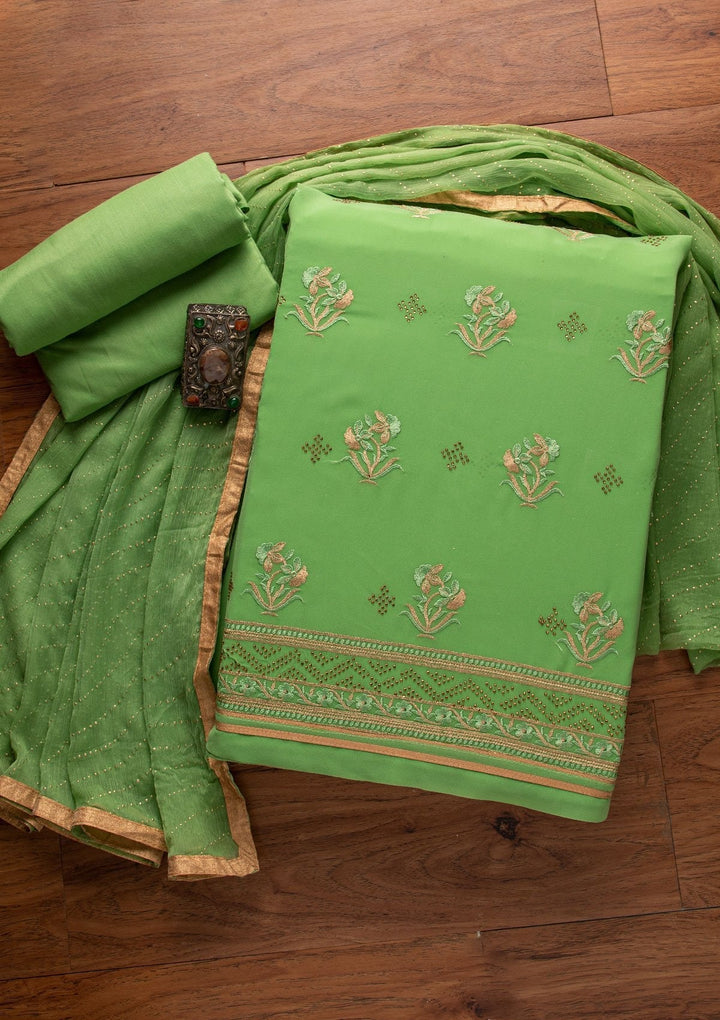 Leaf Green Swarovski Georgette Designer Unstitched Salwar Suit - koskii