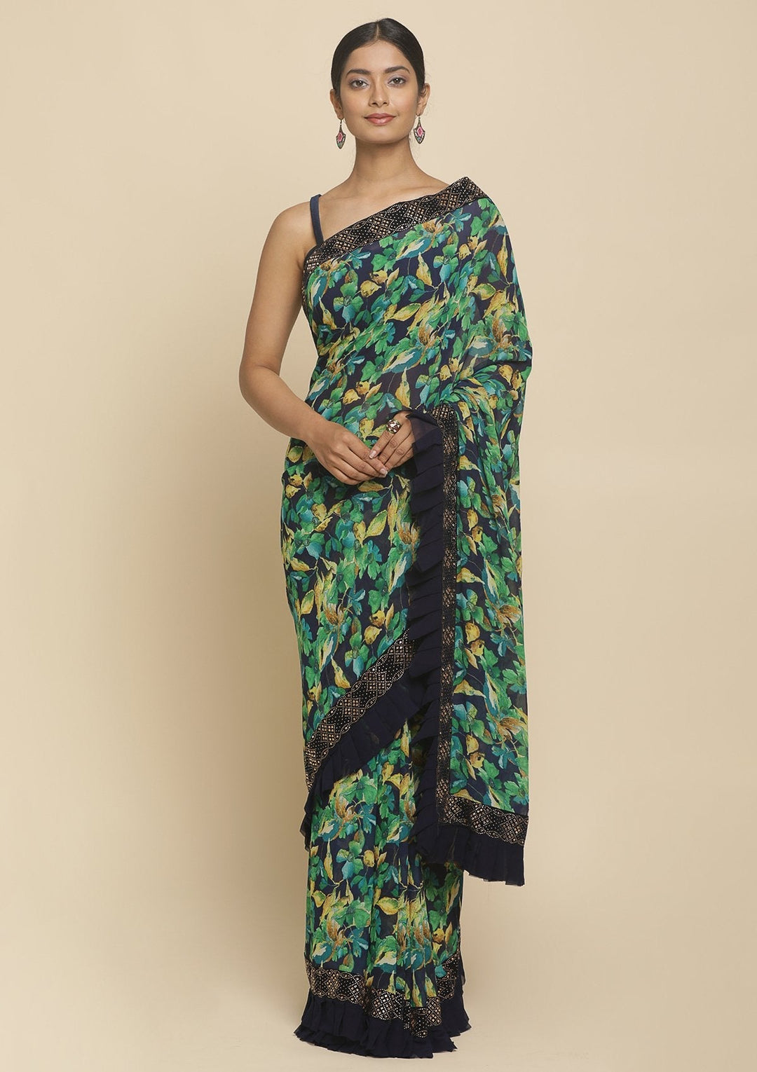 Leaf Green Swarovski  Georgette Designer Saree - koskii