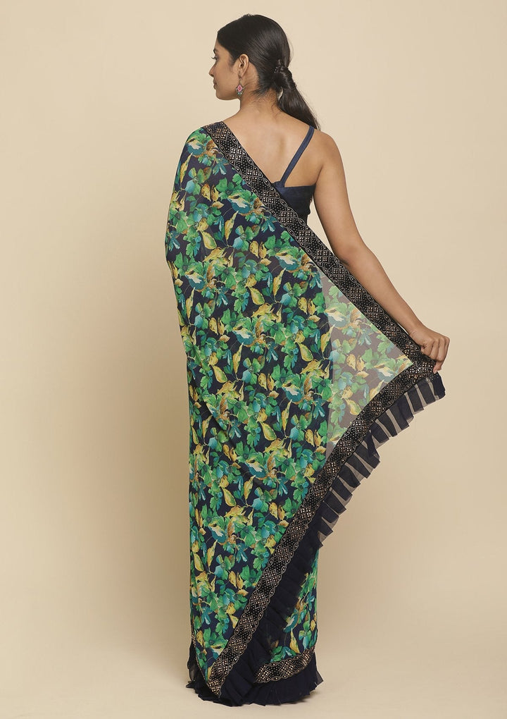 Leaf Green Swarovski  Georgette Designer Saree - koskii