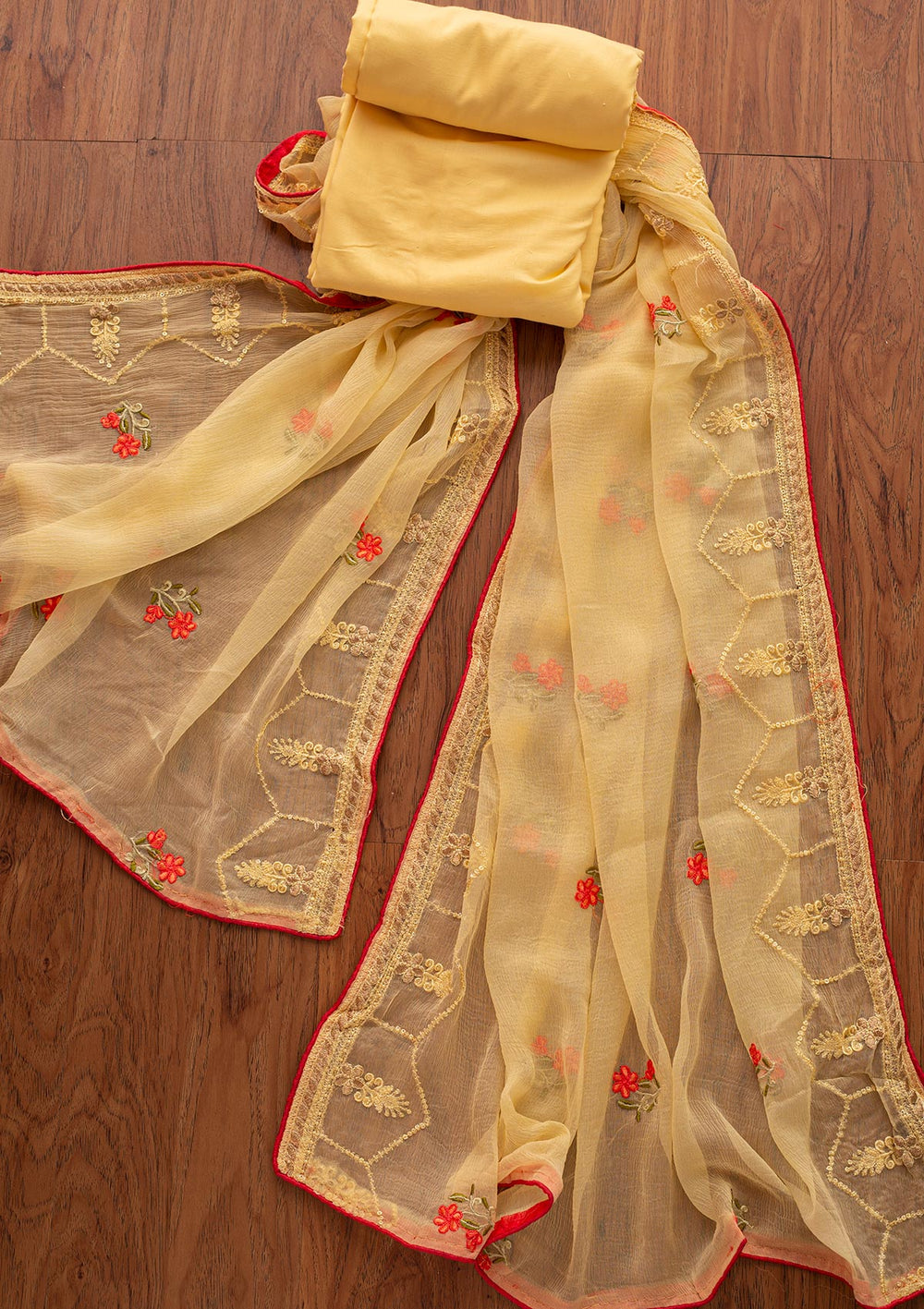 Lemon Yellow Chikankari Georgette Designer Unstitched Salwar Suit - koskii