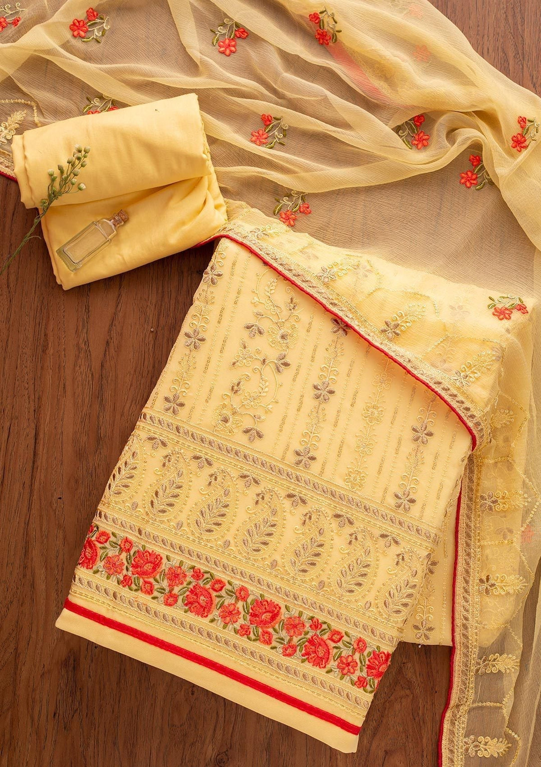 Lemon Yellow Chikankari Georgette Designer Unstitched Salwar Suit - koskii